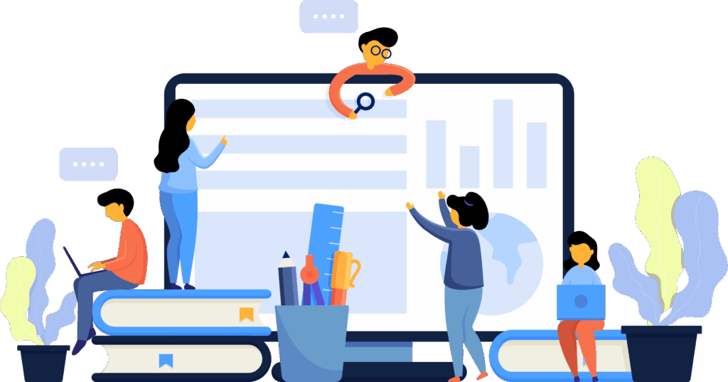 Illustration of four people working around a large computer screen with charts, graphs, and search bars, surrounded by books and office supplies.