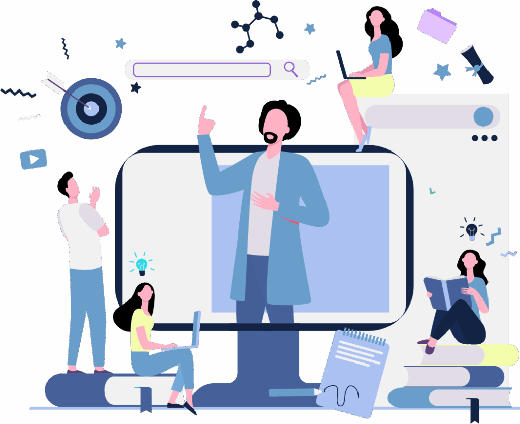 Illustration of people learning online, with a teacher on a large computer screen and students using books, laptops, and digital devices around it.