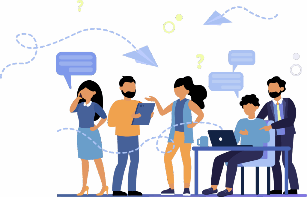 Illustration of five people working and talking, with two using laptops at a desk and three standing, surrounded by chat bubbles and paper airplanes symbolizing communication.